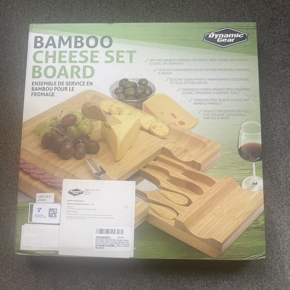 Dynamic Gear Bamboo Charcuterie Cheese Set Board 13x13" With Drawer & 3 Utensils